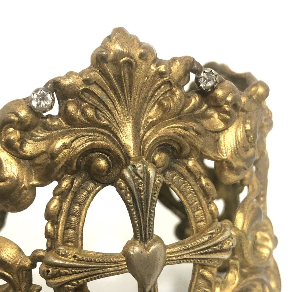 Vintage Wide Cuff Bracelet Virgins Saints & Angels Cross Gold Tone Ornate - Picture 8 of 14